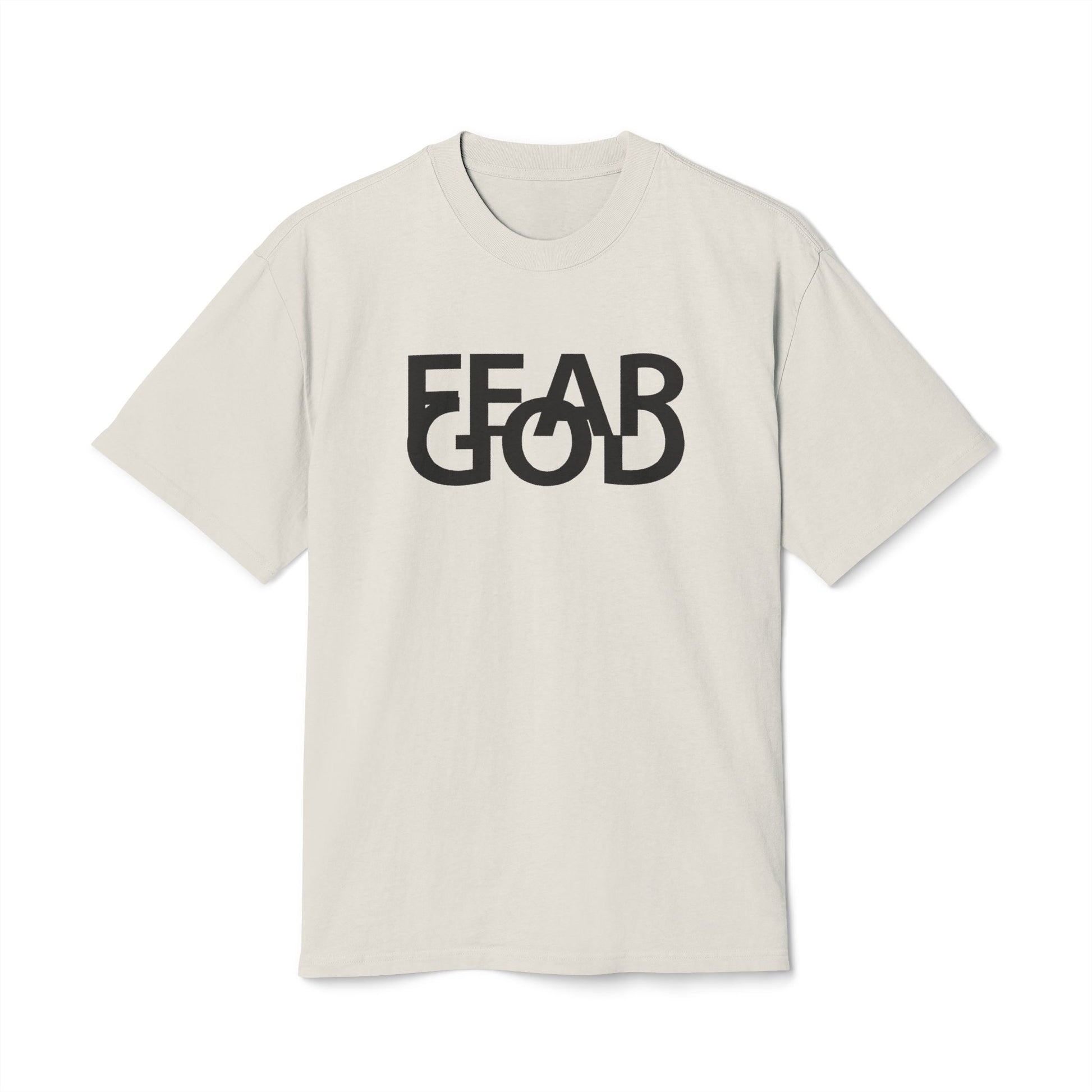 Beige t-shirt with 'FEAR GOD' text on a white background