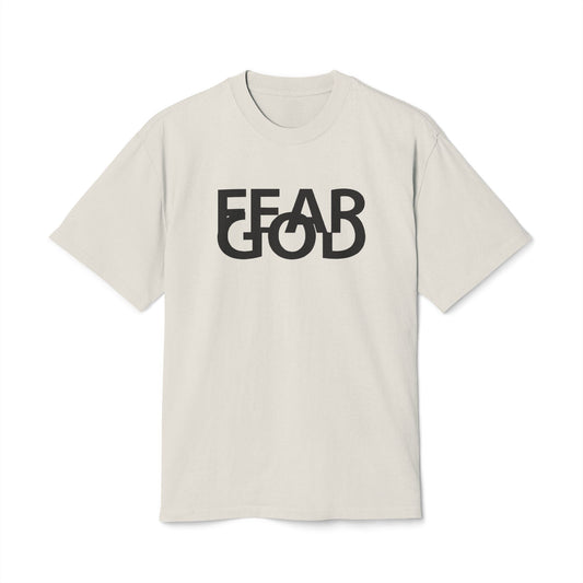 Beige t-shirt with 'FEAR GOD' text on a white background