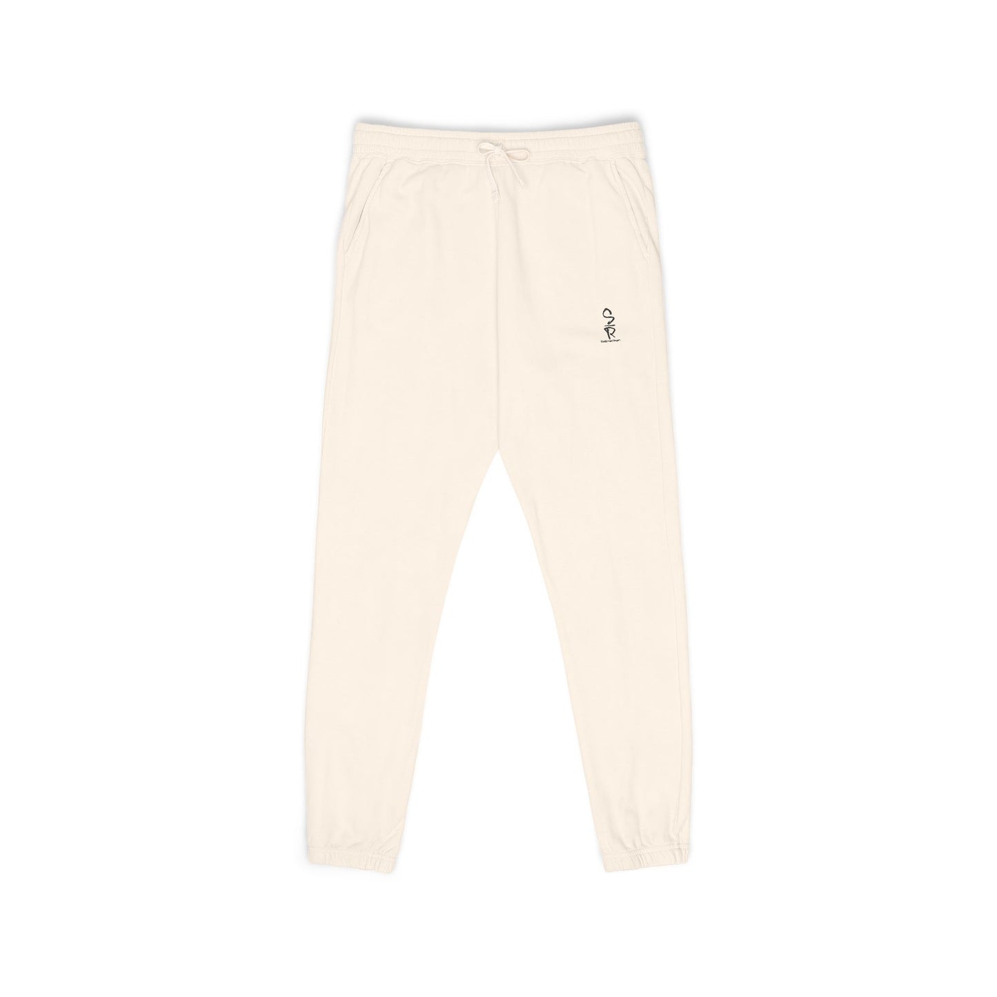 Beige sweatpants with a small logo on a white background