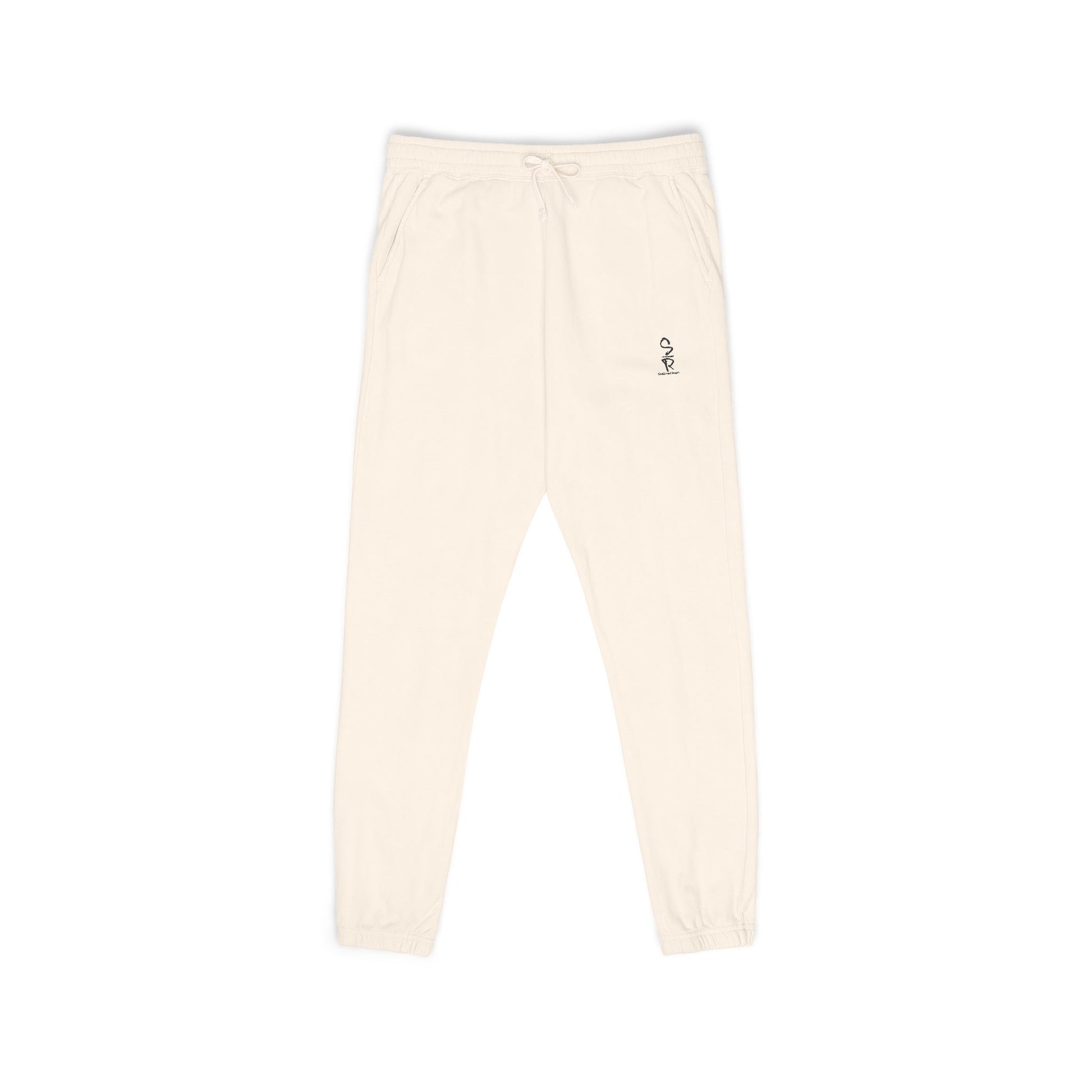 Beige sweatpants with a small logo on a white background