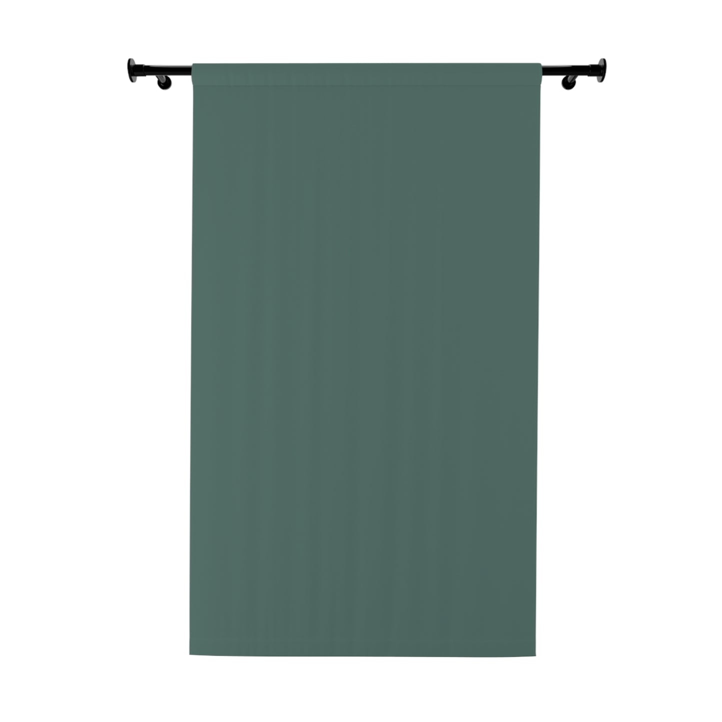 Green curtain hanging on a rod against a white background