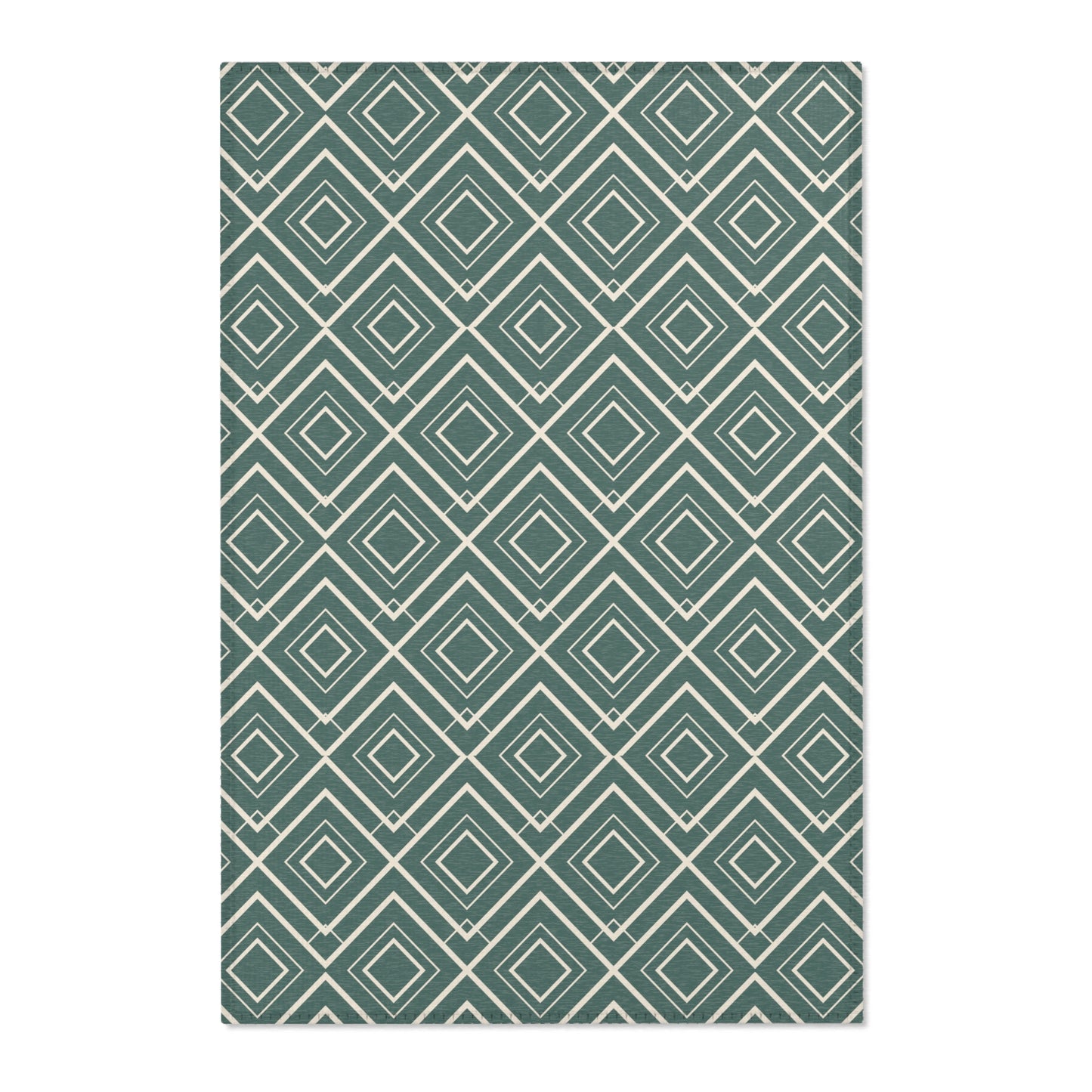 Patterned rug with purple geometric design on a beige background
