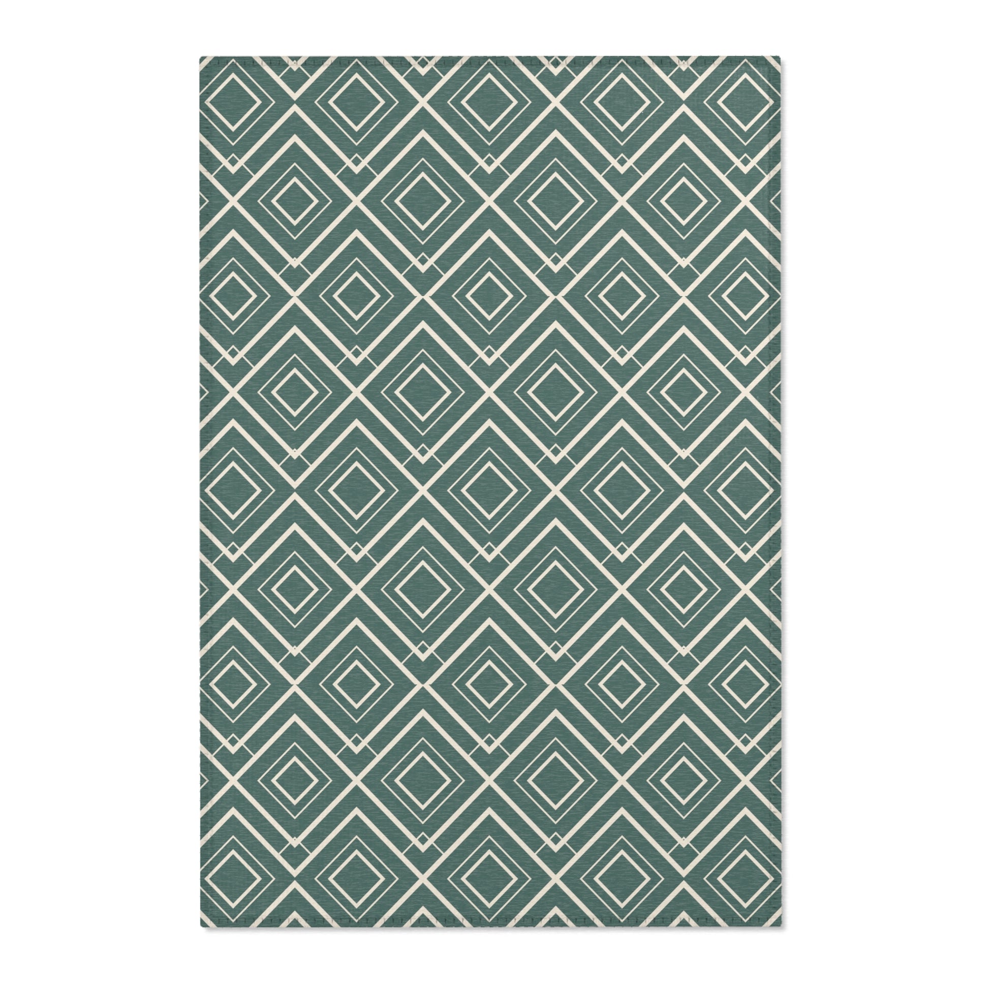 Patterned rug with purple geometric design on a beige background