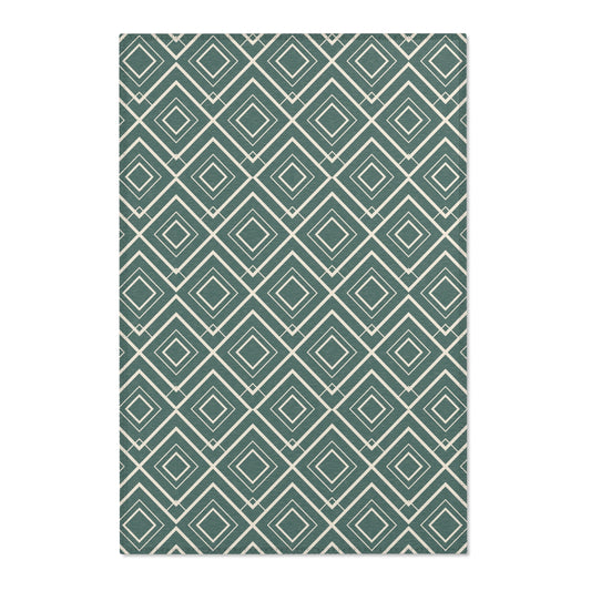 Patterned rug with purple geometric design on a beige background
