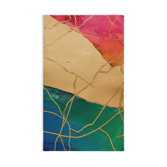 Colorful abstract design with gold lines on a rectangular background