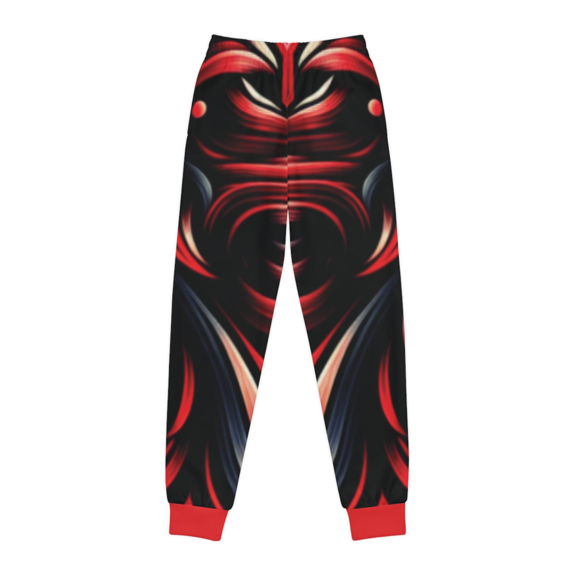 Black and red patterned pants on a white background