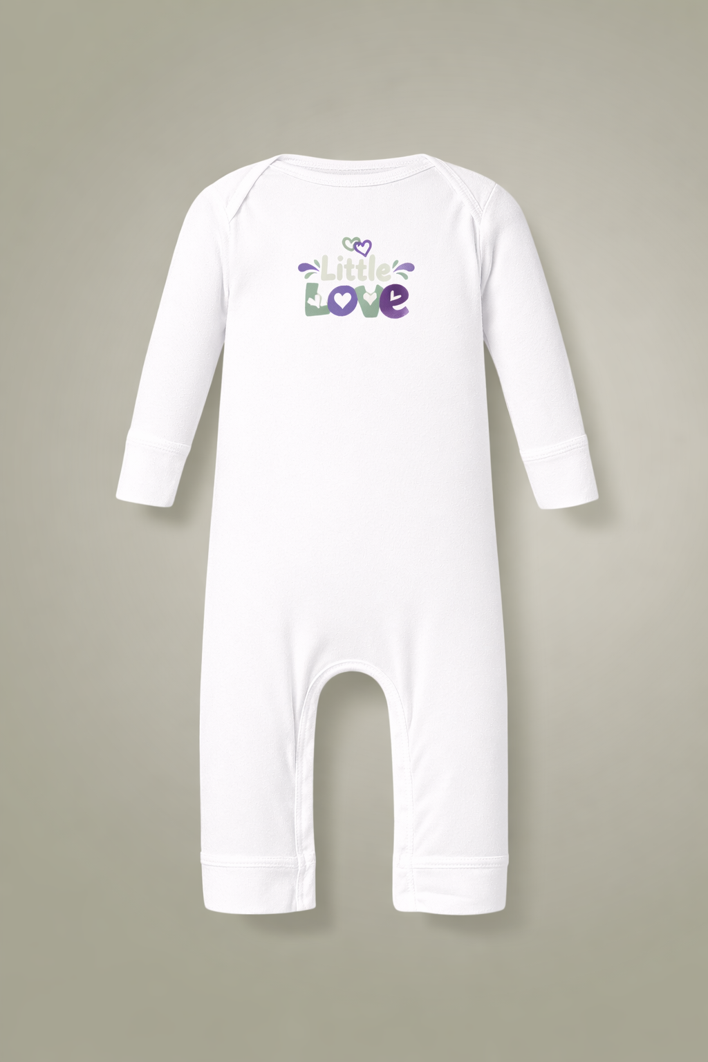 White baby romper with 'Little Love' text on a beige background