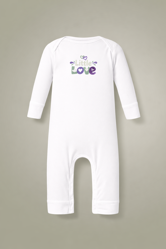 White baby romper with 'Little Love' text on a beige background
