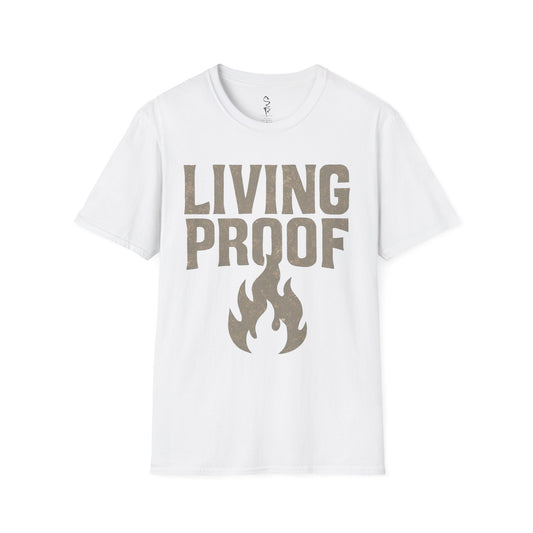 White t-shirt with 'LIVING PROOF' text and flame graphic on a white background