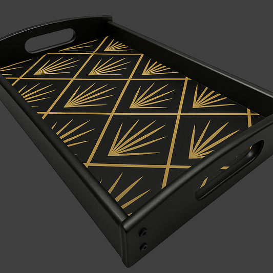 Black tray with gold geometric pattern on a light gray background