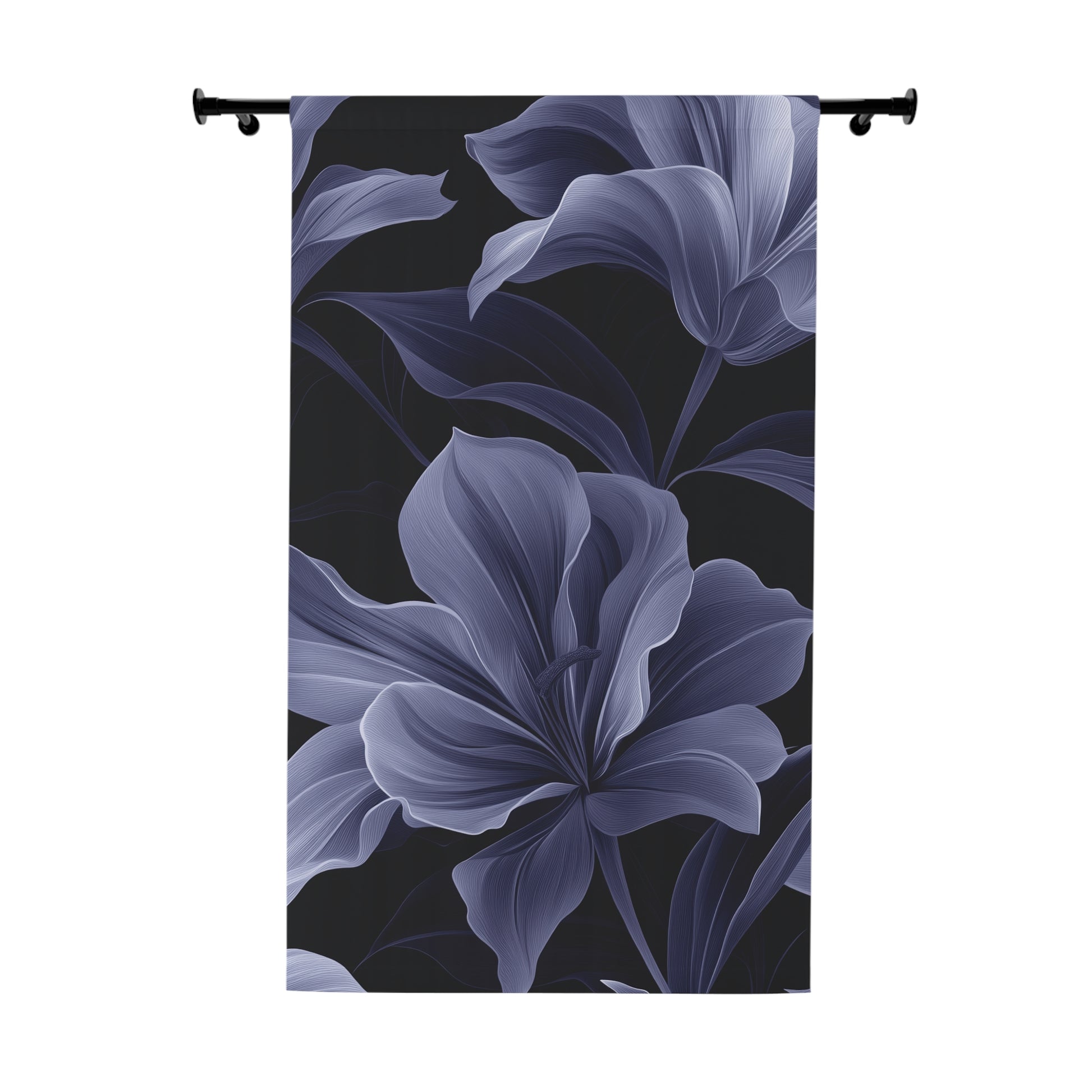 Floral curtain with purple flowers on a black background