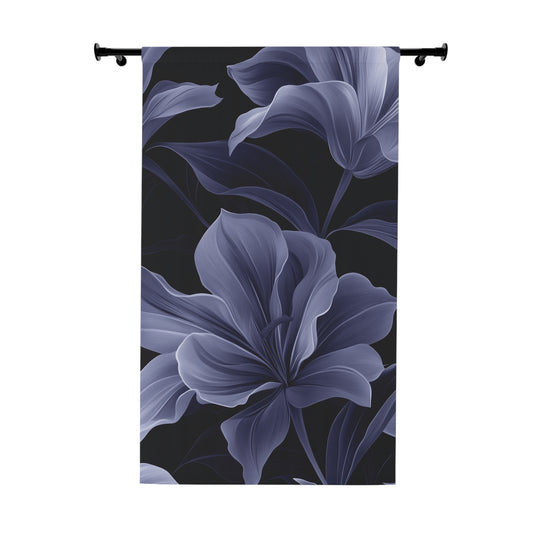Floral curtain with purple flowers on a black background