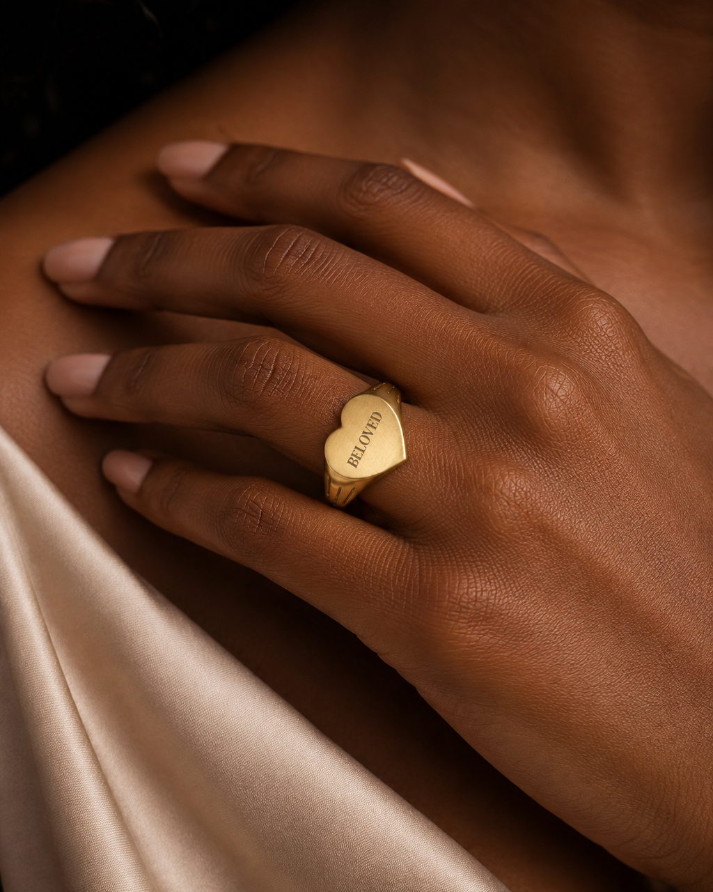 Beloved Engraved Heart Signet Ring – 18K Gold PVD