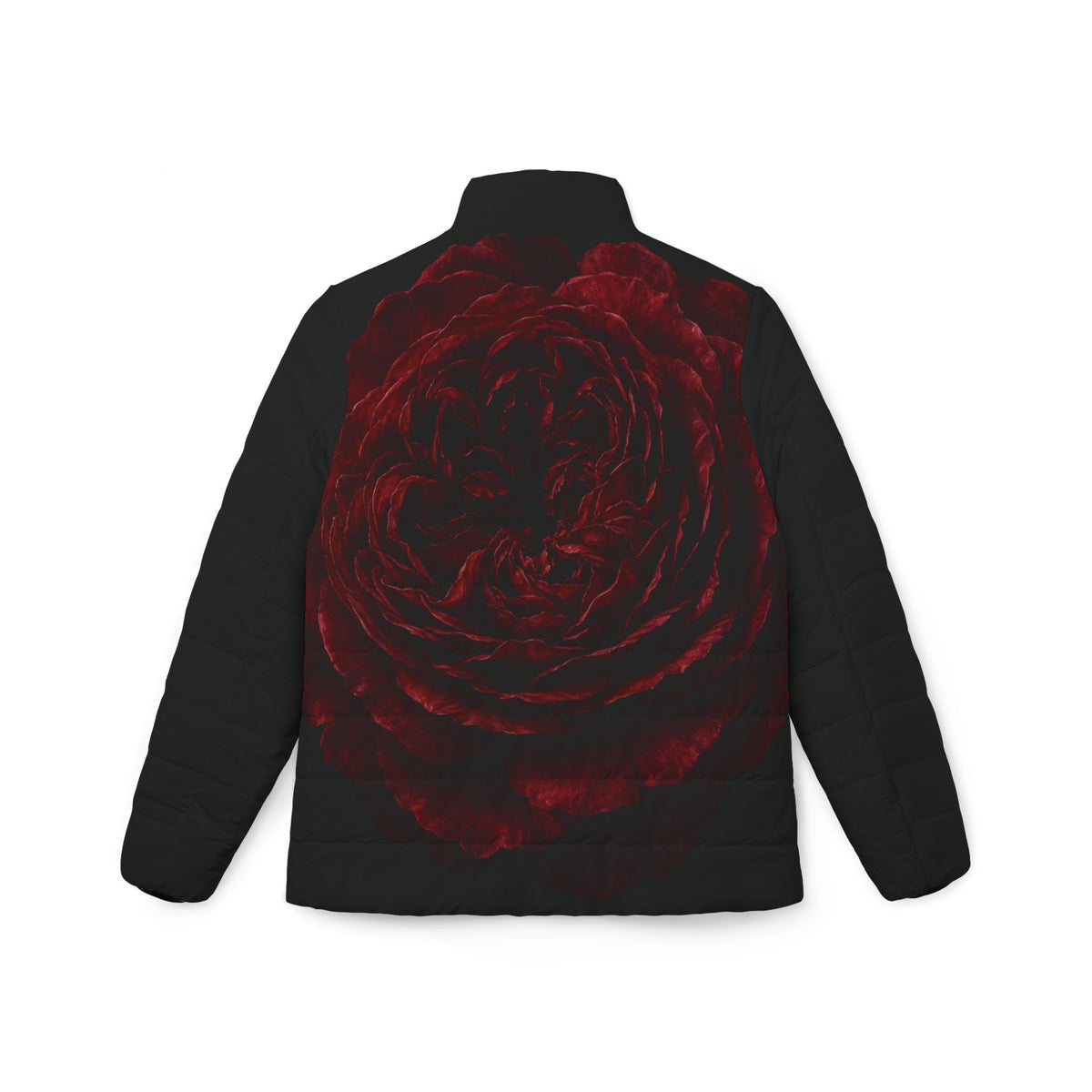 A black quilted jacket shown from the back, featuring a large, detailed red rose graphic printed across the back panel.