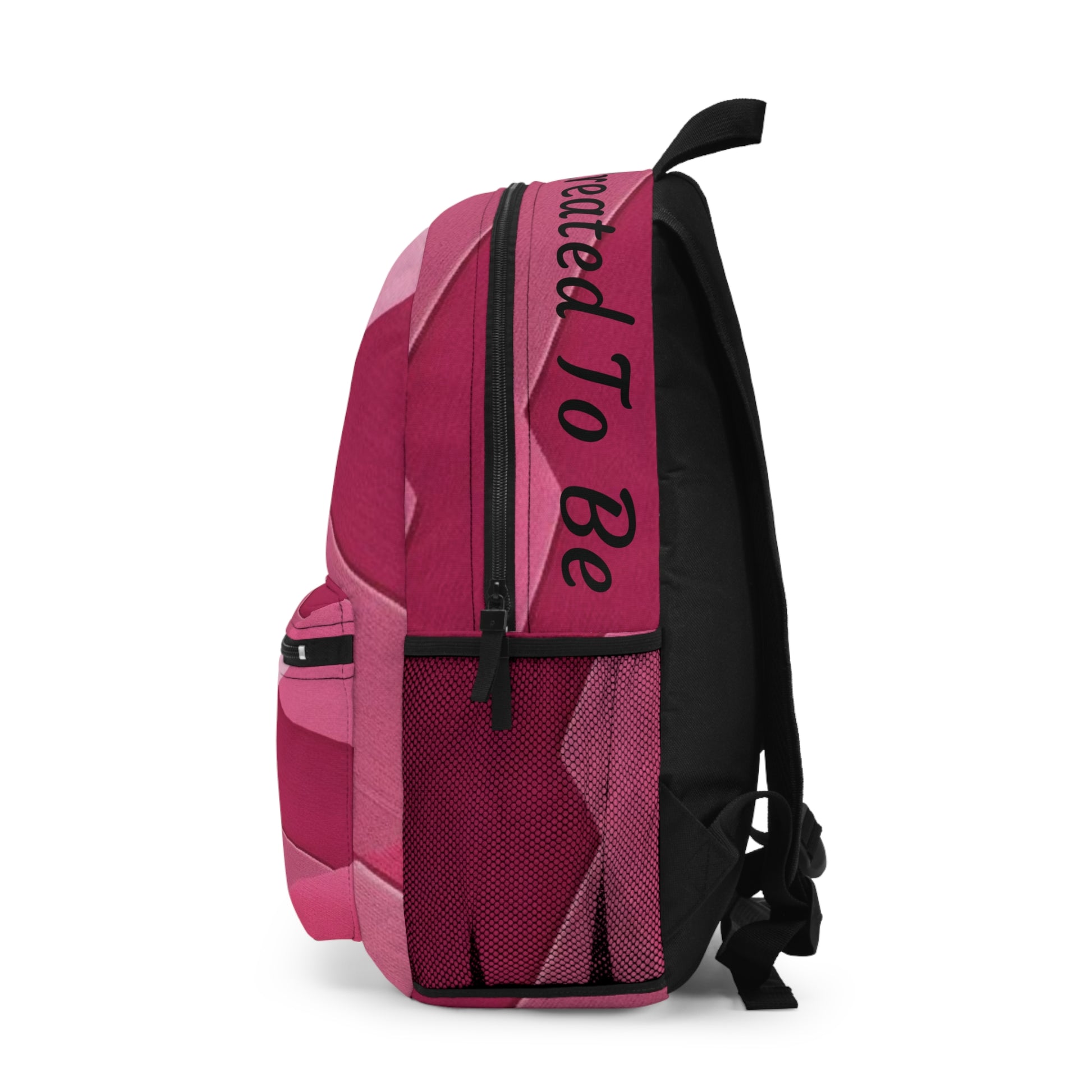 Pink and black backpack with text on a white background