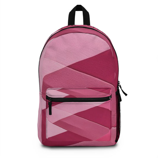 Pink geometric-patterned backpack on a white background
