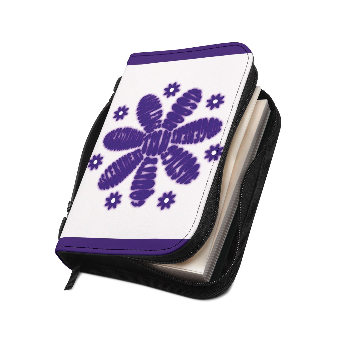 Notebook with purple floral design on a white background