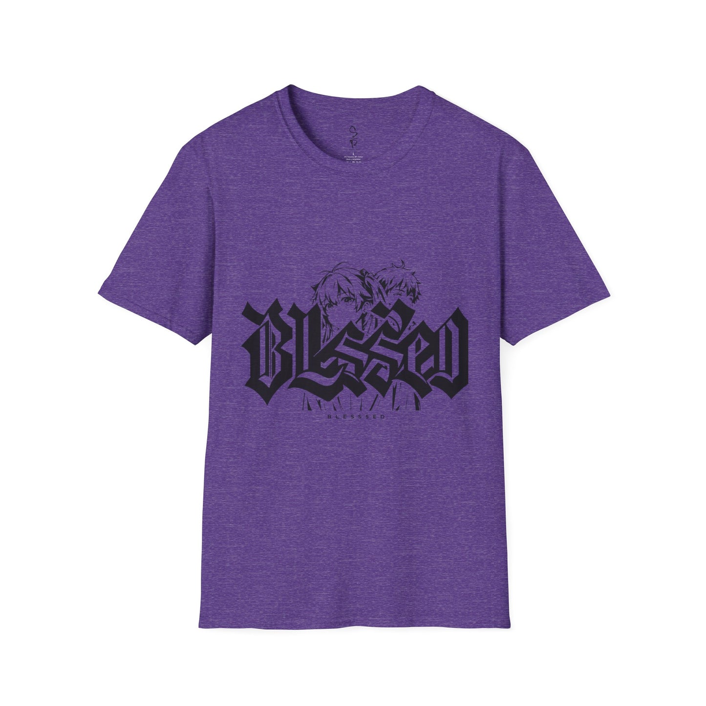 Purple t-shirt with black graphic design on a white background