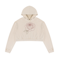 A cream-colored cropped hoodie with a long-sleeve design, featuring a pink and green embroidered rose on the center chest, displayed against a solid white background.