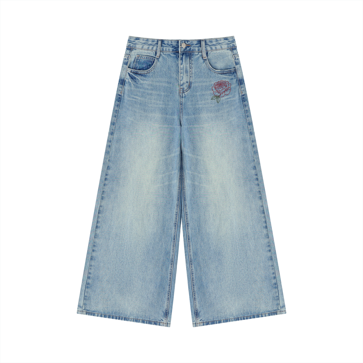 Light wash blue denim wide-leg jeans with a small embroidered rose patch on the left hip, shown flat against a white background.