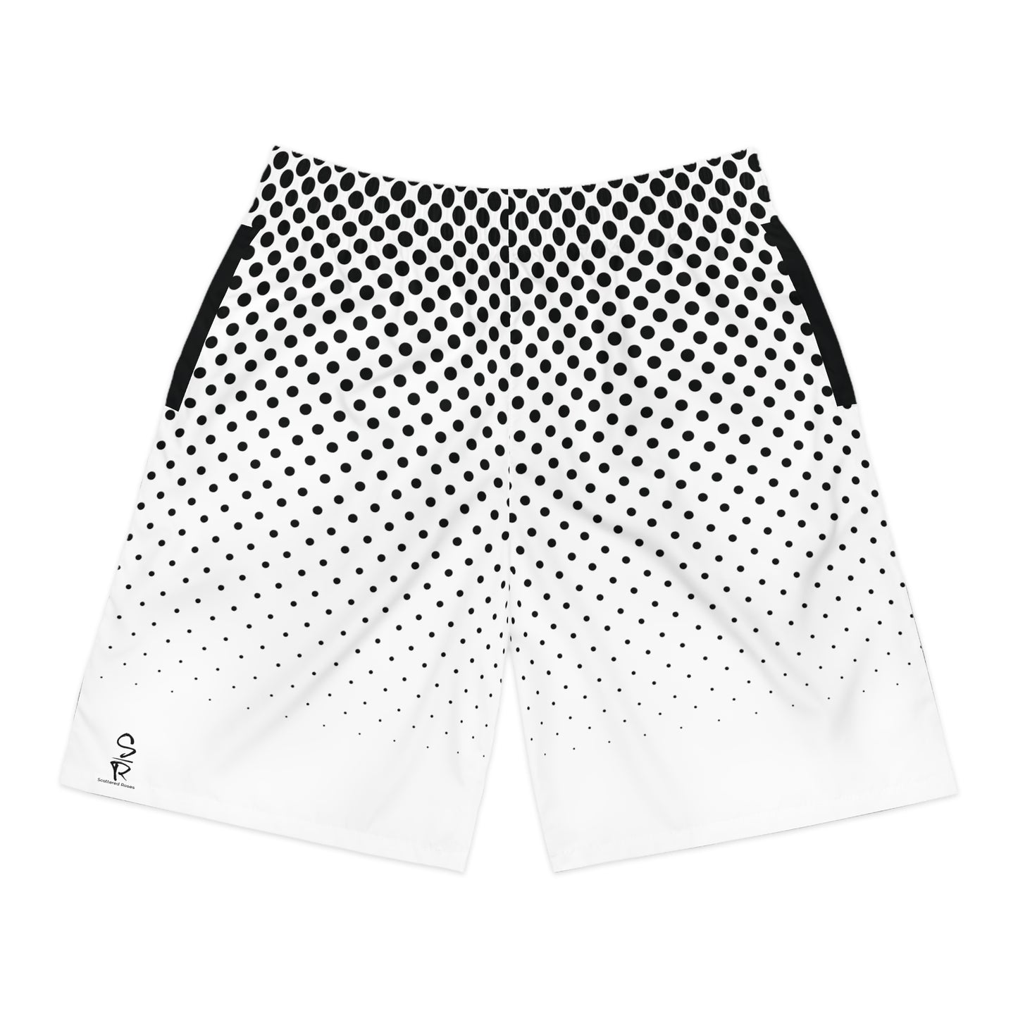 White shorts with black dot pattern on a white background