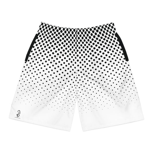 White shorts with black dot pattern on a white background