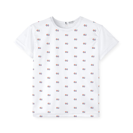 White t-shirt with small colorful pattern on a white background