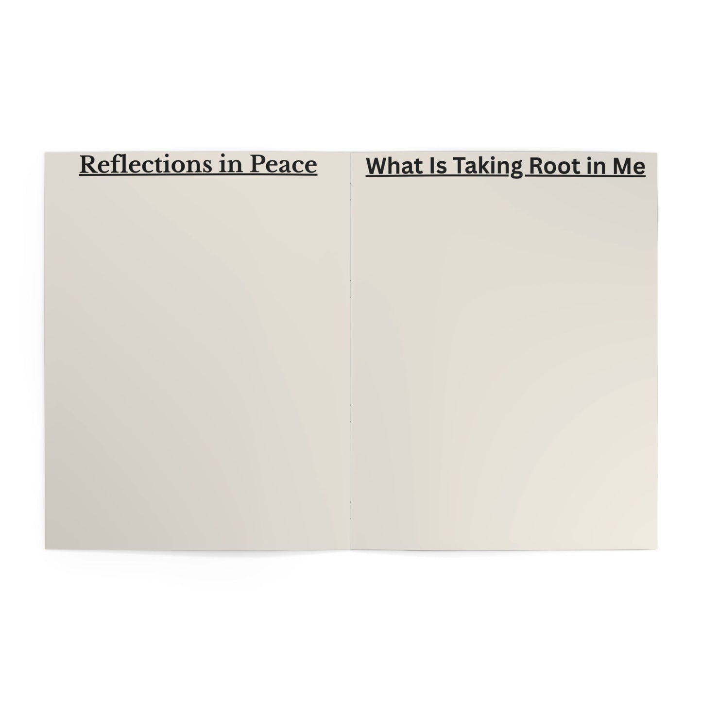 Text on a beige background with two phrases: 'Reflections in Peace' and 'What Is Taking Root in Me'.