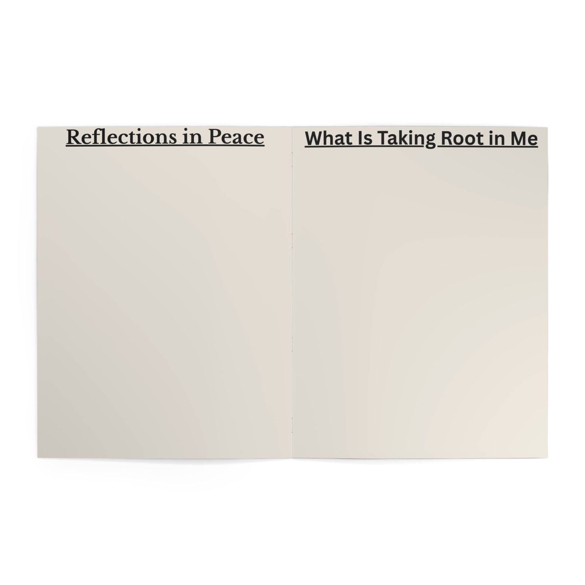 Text on a beige background with two phrases: 'Reflections in Peace' and 'What Is Taking Root in Me'.