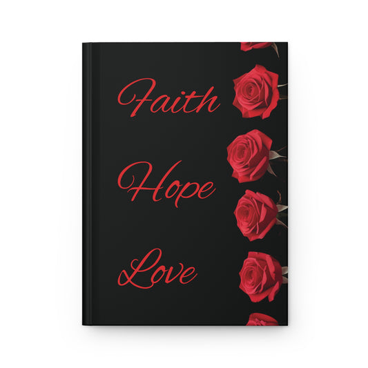 Black notebook with red roses and 'Faith Hope Love' text on a white background