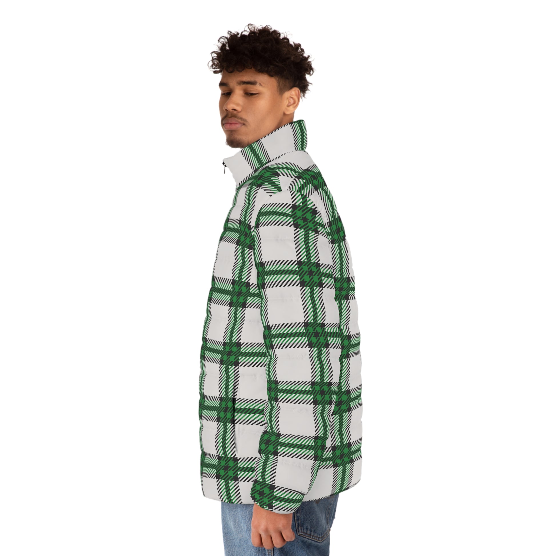 Person wearing a green and white plaid shirt on a white background