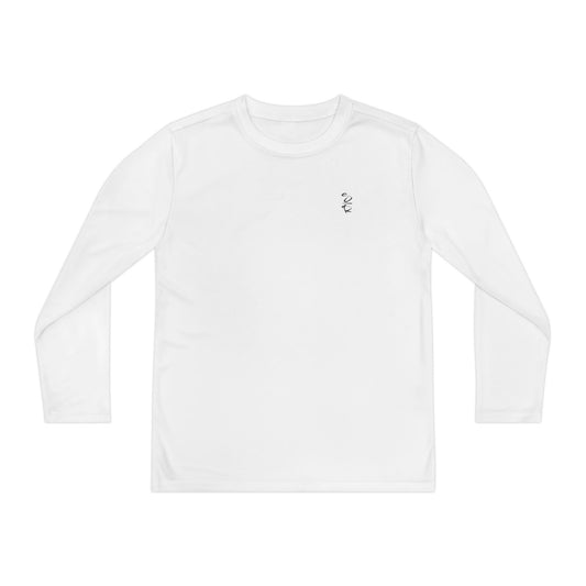 White long-sleeve shirt with a small logo on a white background