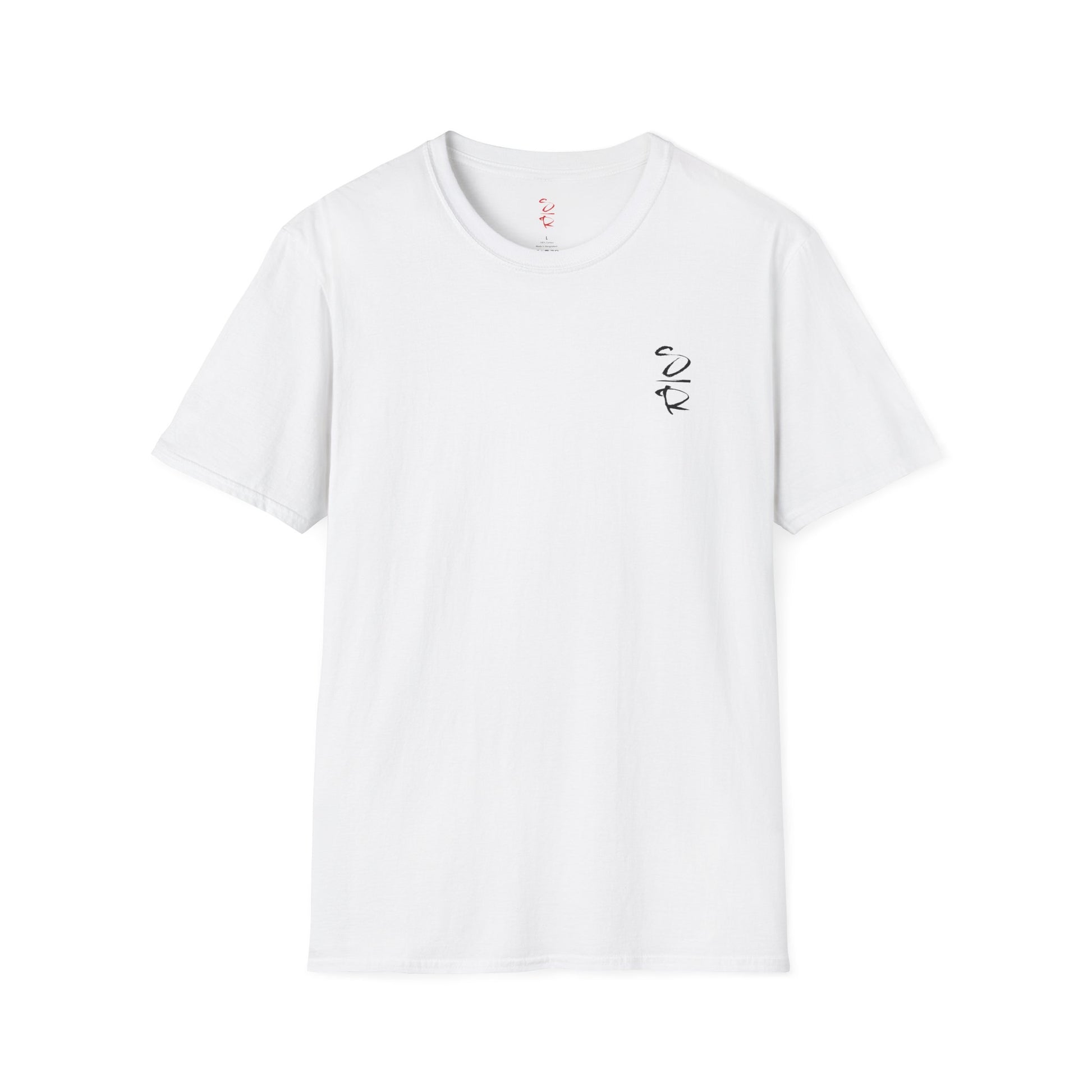 White t-shirt with a small black design on a white background