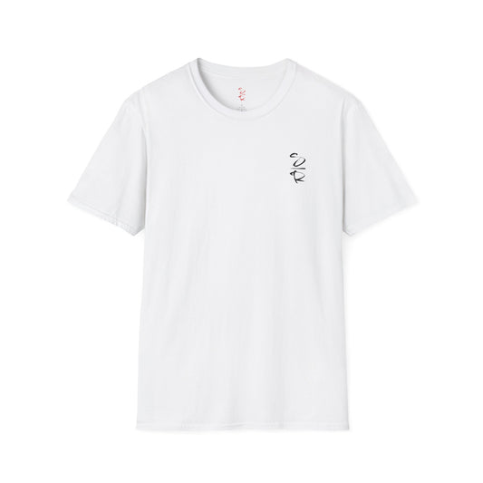 White t-shirt with a small black design on a white background