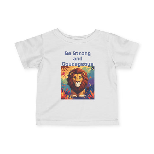 White t-shirt with a lion graphic and 'Be Strong and Courageous' text on a white background