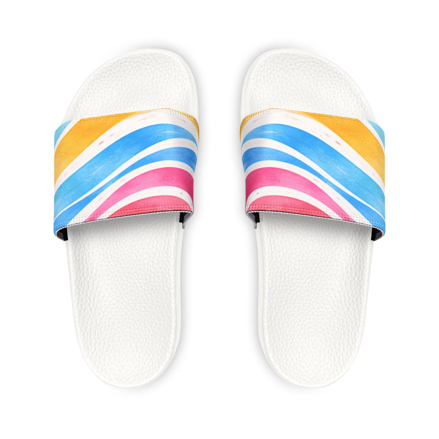 White slide sandals with colorful striped straps on a white background