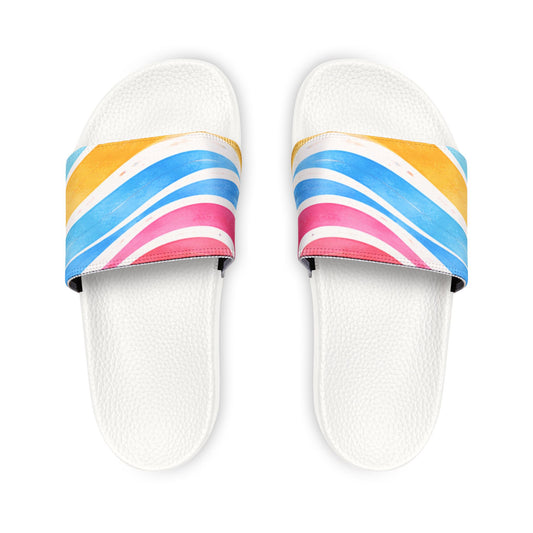 White slide sandals with colorful striped straps on a white background