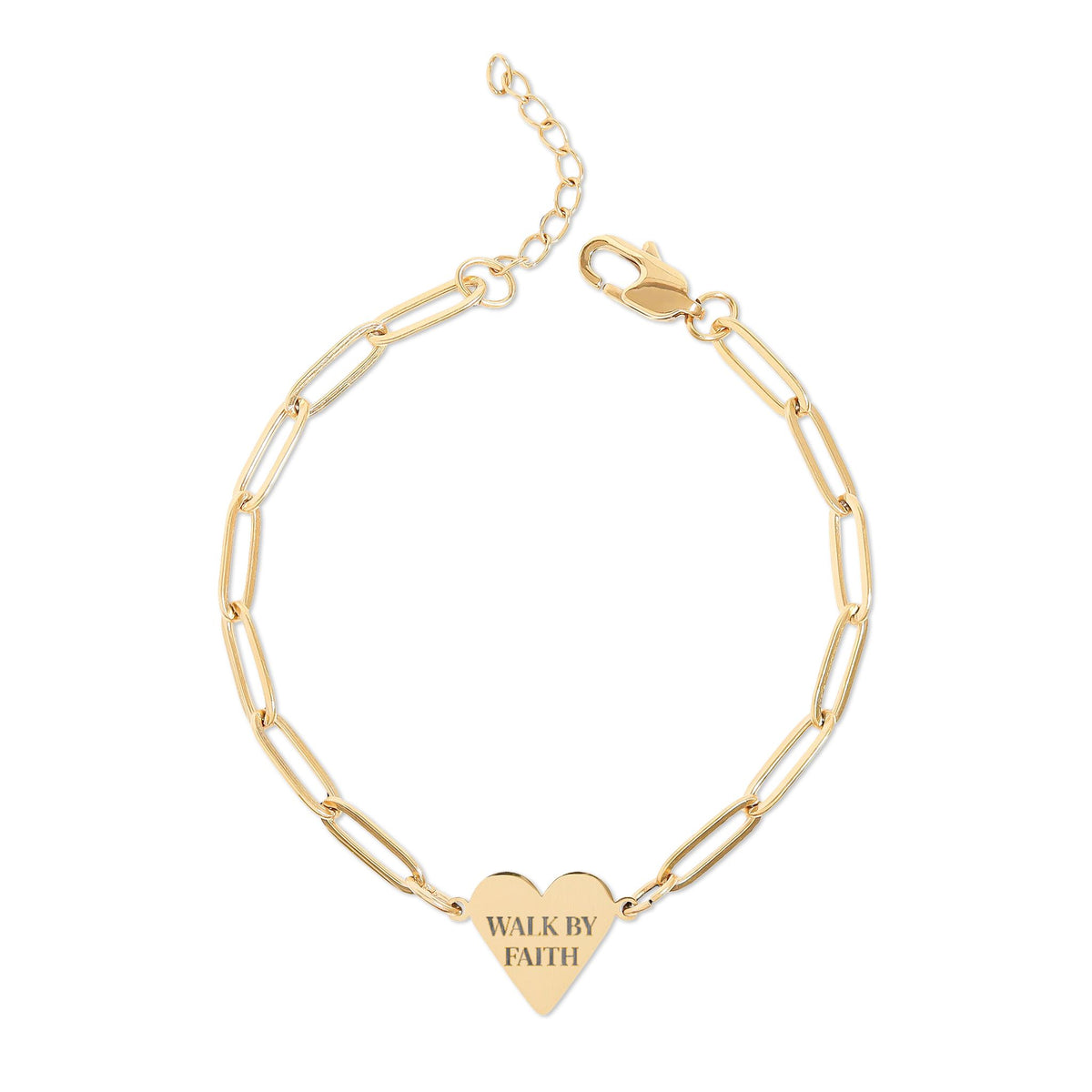 Gold bracelet with a heart-shaped tag that says 'Walk by Faith' on a white background