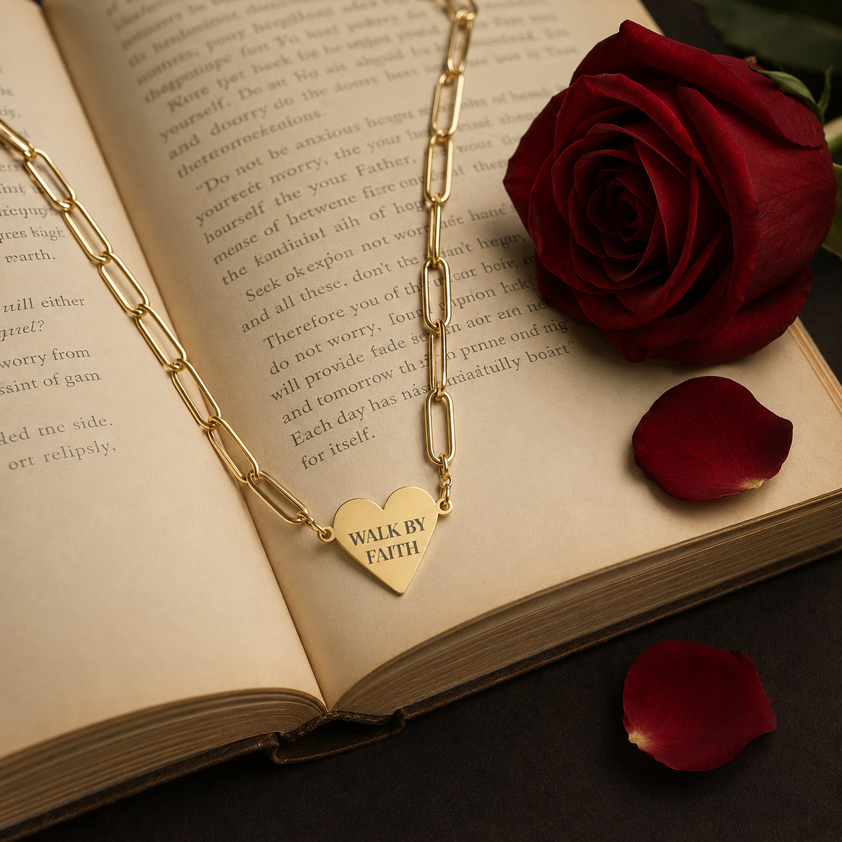 Walk by Faith Engraved Heart Necklace – Stainless Steel, Rose Gold PVD, or Gold PVD