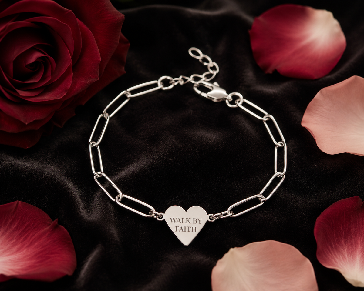 Walk by Faith Engraved Heart Bracelet – Stainless Steel, Rose Gold PVD, or Gold PVD