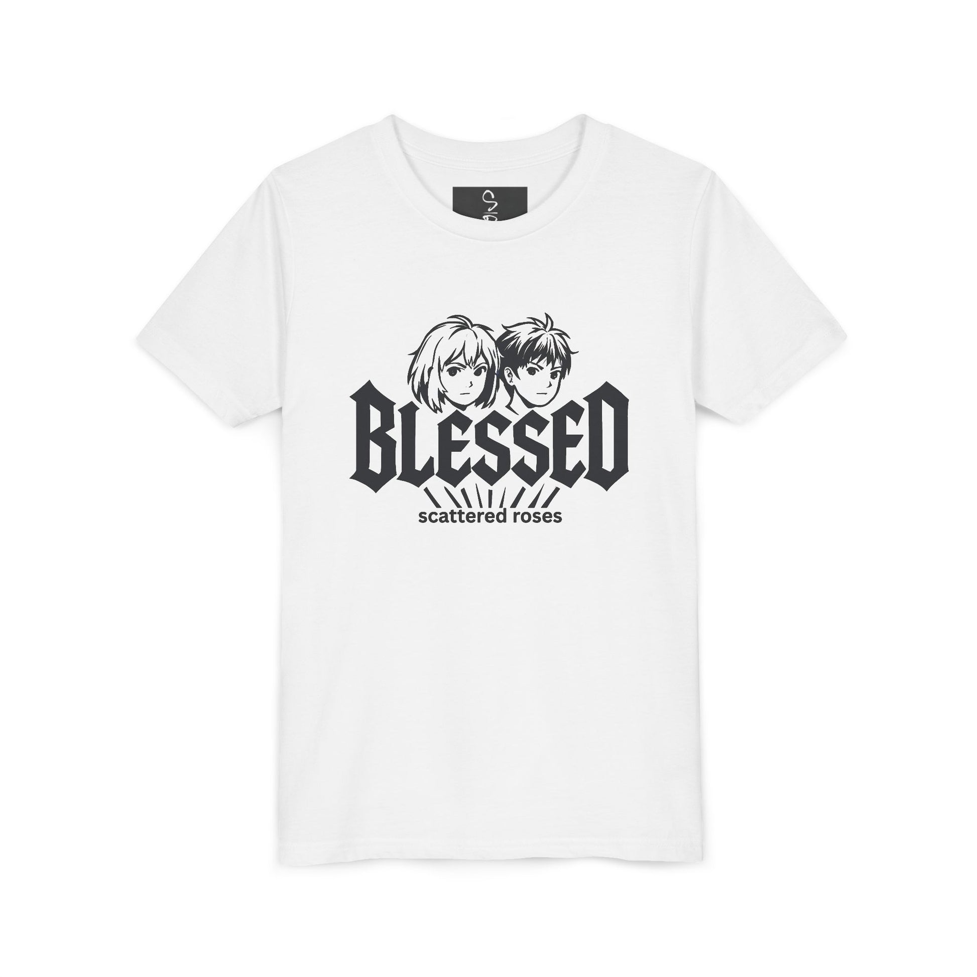 White t-shirt with 'Blessed' graphic design on a white background