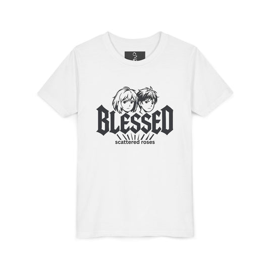 White t-shirt with 'Blessed' graphic design on a white background