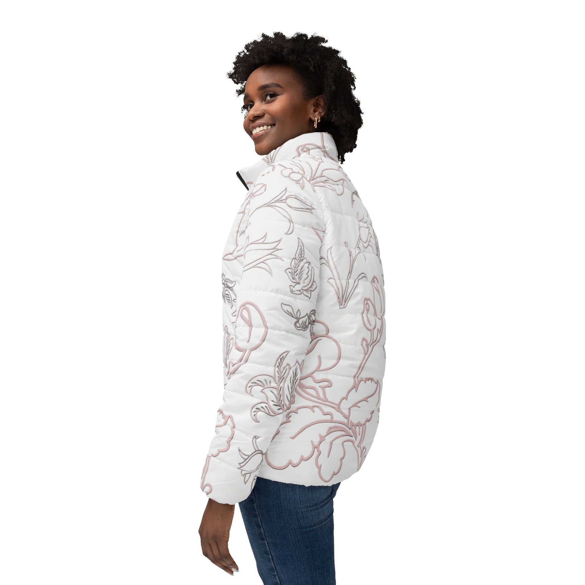 Woman wearing a white floral-patterned jacket on a white background
