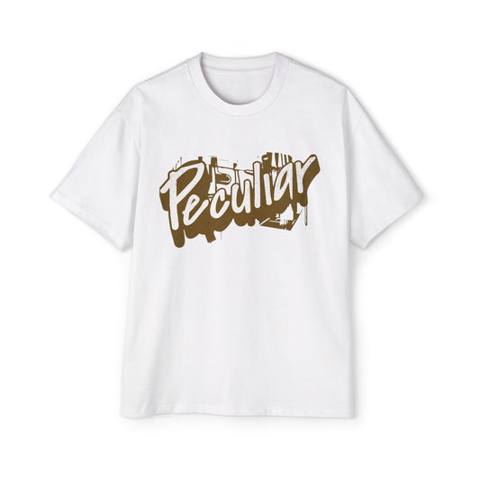 White t-shirt with brown text 'Peculiar' on a white background