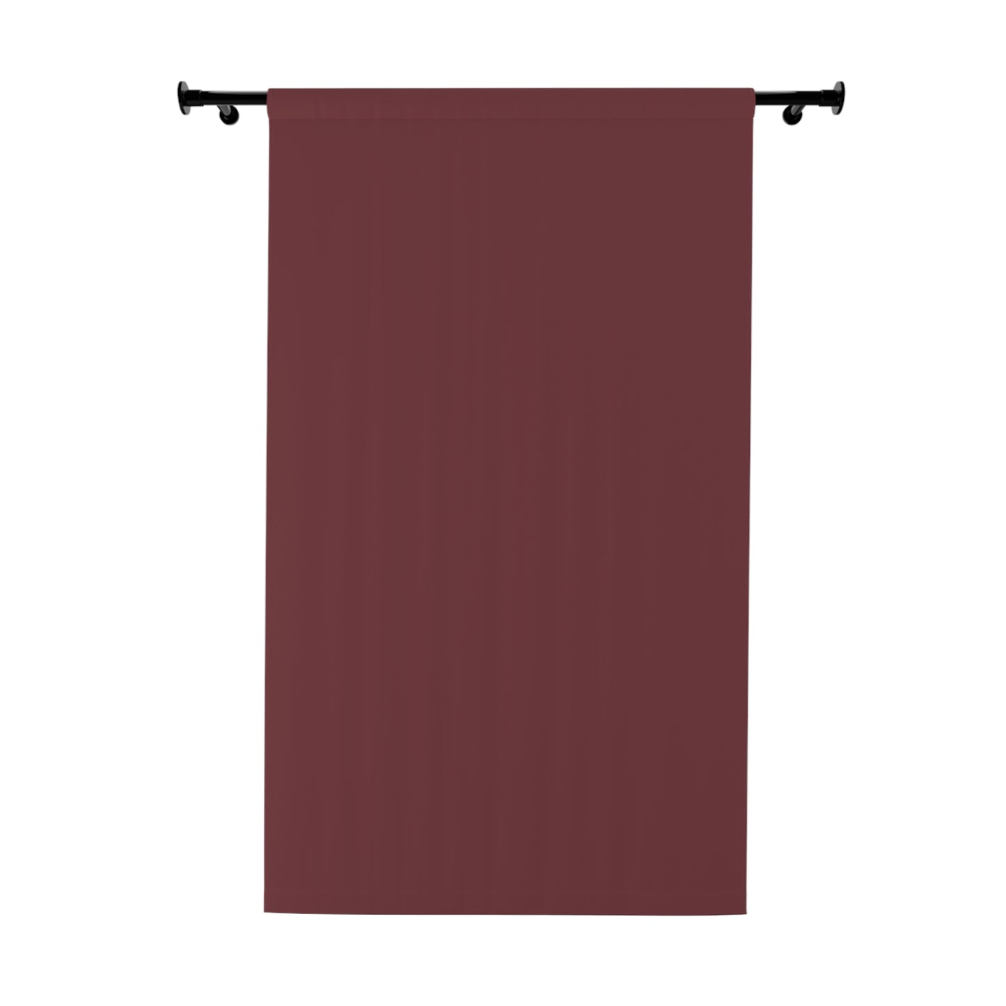 Dark gray curtain hanging on a rod against a white background