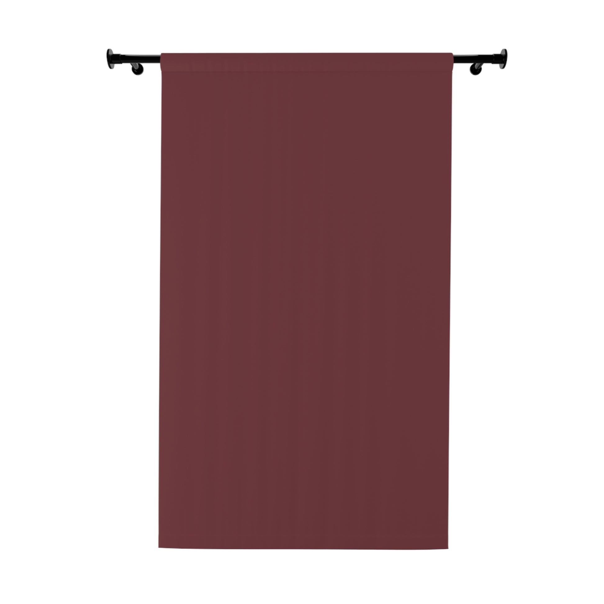 Dark gray curtain hanging on a rod against a white background