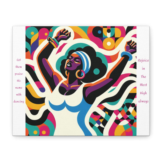 Colorful artwork of a woman dancing with abstract patterns and text on a white background