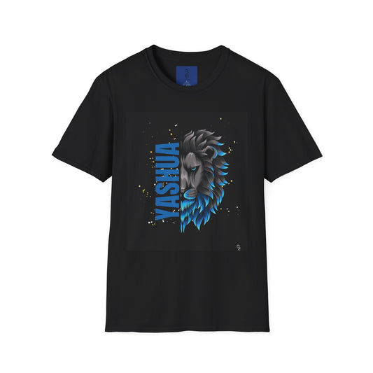 Black t-shirt with a blue and gray graphic design on a white background